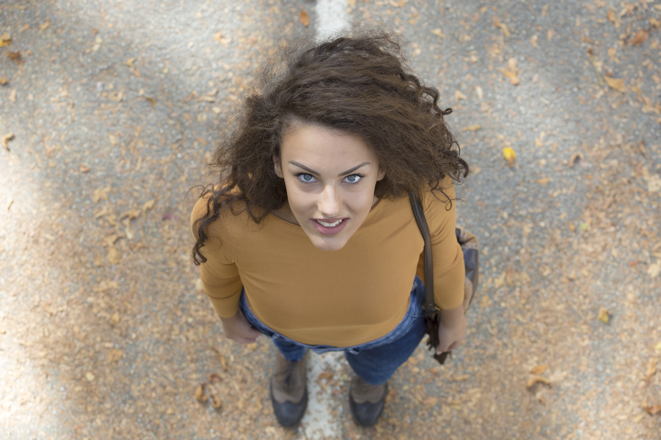 Woman looking up at the camera